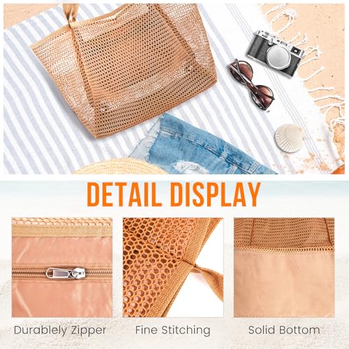 Beach Bags for Women, Summer Travel Mesh Tote Bag with Large Inner Pocket, Sandproof Woven Shoulder Handbag