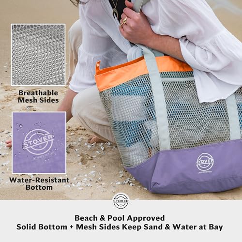 STOVER Extra Large Mesh Beach Bag, Vacation, Pool, Shopping & Travel Tote - Foldable w/Storage Pouch & Pockets for Women, Men