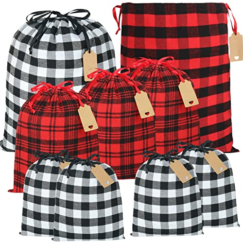 HRX Package Fabric Gift Bags Drawstring Assorted, 9pcs Reusable Christmas Wrapping Sacks Buffalo Plaid Cloth Bag with Gift...