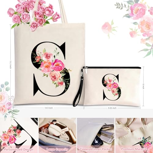 Initial Canvas Tote Bag for Women, Personalized Monogrammed Tote Bags with Makeup Gift Bag for Wedding Bridesmaids Birthday