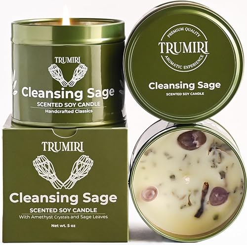 Sage Candle for Cleansing House Negative Energy Smudge Kit - 5oz Soy Wax Natural Clean Organic Non Toxic - Aromatherapy Sp...