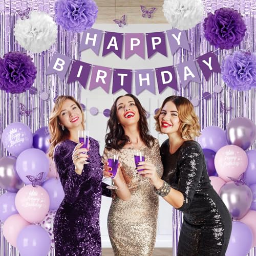 Purple Birthday Decorations for Women Girls, Lavender Pink Confetti Metallic Printed Balloons Butterfly Stickers Fringe Cu...