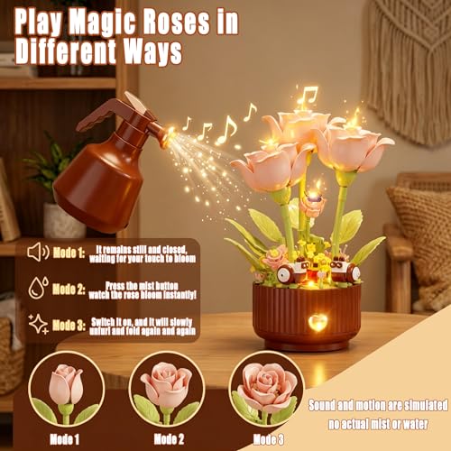 Magical Blooming Rose Building Set - Electric Flower Blocks with Opening Petals,with Interactive Sound & LED Lights,Romant...