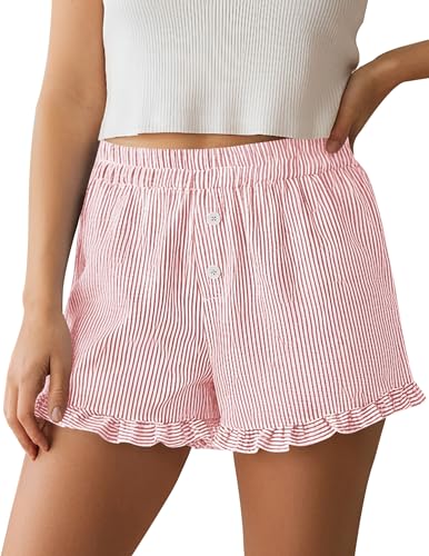 PRETTYGARDEN Womens Boxer Shorts Y2K Ruffle Pajama 2026 Summer Spring Lounge Sleep Striped Casual Beach Pj Bottoms Pockets