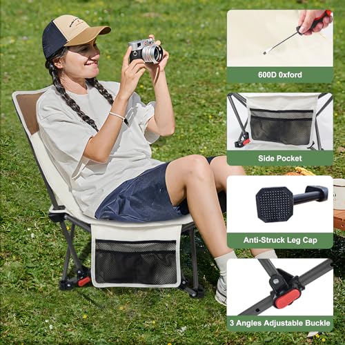 WTVIDAS Compact Beach Chairs 2 Pack with 3-Position Lay Flat Low Portable Camping Chairs for Adults Folding Reclining Chai...