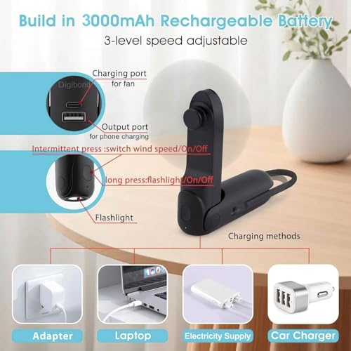Digibond Handheld Mini Fan Rechargeable Battery Powered 3000mAh 6in1 Bullet Shape Portable Personal Fan 3 Speed with Flash...