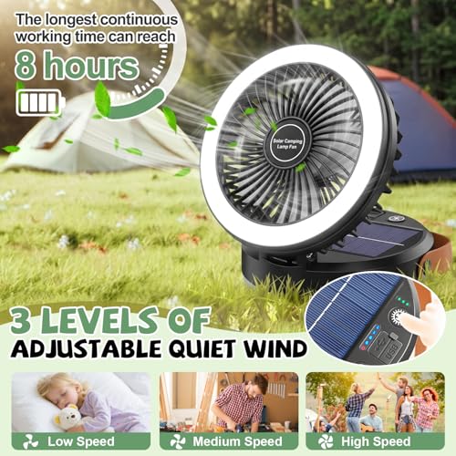 3-in-1 Camping Fan, Portable Solar Fan Rechargeable with LED Lantern, Battery Powered & Solar Camping Fan Light with Hangi...