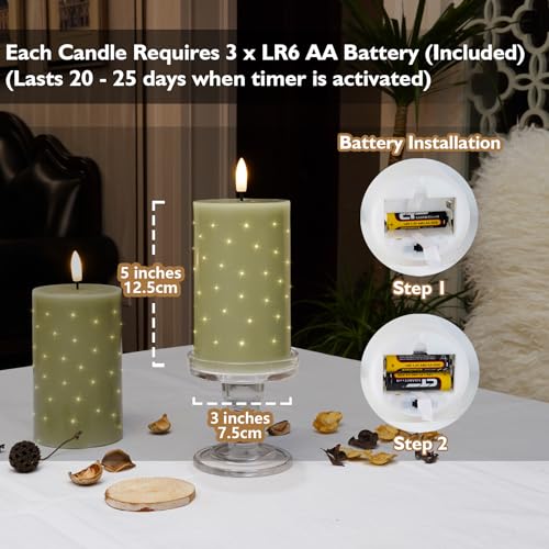 Rhytsing Sage Green Fiber Optic Real Wax Flameless Candles with Remote, Battery Operated Decorative Pillar Candles for Spr...
