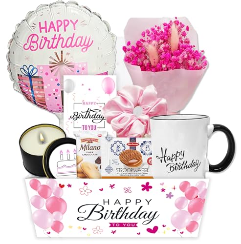 Birthday Gift Basket/Unique Care package Gift set for women or teenage girl Variety gift w/Happy birthday balloon dried fl...