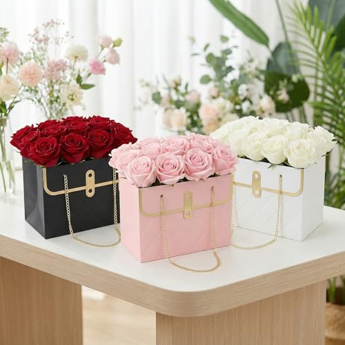 Nfvjfxz 6Pcs Flower Paper Gift Box Bouquet Storage Bucket Handbag Florist Floral Wrap Bag with Metal Chain for Wedding Mot...