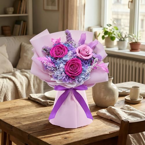 Preserved Flowers Bouquet, Flowers for Delivery,Handmade Purple Rose Bouquets Lasting 3-5 Years, Luxury Gift Box,Birthday ...