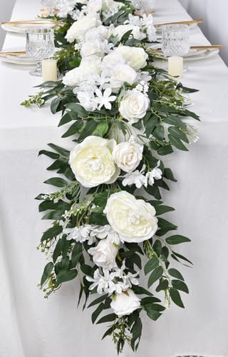 Lvydec 2 Pack Artificial Peony Flower Garland - 6ft Silk Peony Vine Willow Leaves Garland White Arch Flower Vine for Weddi...