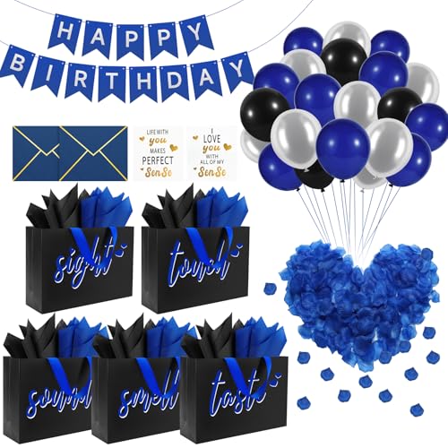 Epoesch 5 Senses Gift Bags for Him with Labels & Tissue Paper | Happy Birthday Decorations Kit with Banner, Balloons, Rose...