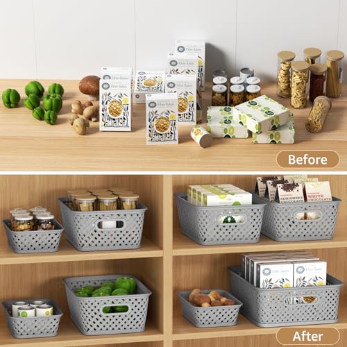 MaxGear Organization and Storage 3 Packs, Plastic Bins Organizer Bins, Woven Baskets for Storage, Plastic Baskets with Han...