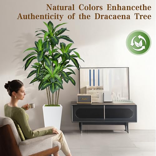 6FT Artificial Dracaena Tree, Fake Tree Indoor with White Tall Planter,Tall Artificial Plants Indoor,Artificial Silk Tree ...