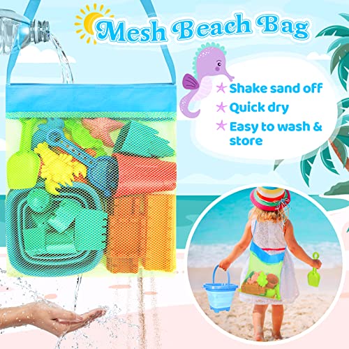 Collapsible Beach Toys for Kids Toddlers, Collapsible Sand Bucket and Shovels Set with Mesh Bag,Travel Sand Castle Buildin...