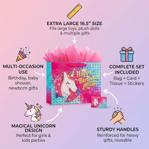 BeiLaad Unicorn Happy Birthday Gift Bag with Greeting Card and Tissue Paper, Birthday Gift Bags for Kids Girls Medium