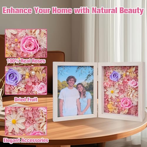 5x7'' Shadow Box Picture Frame Double Photos with Preserved Flowers, Real Floral Deep Wood Shadow Box Display Case Desktop...