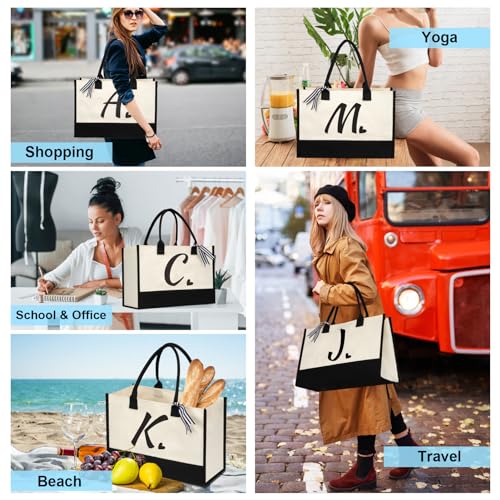 shenee Initial Canvas Tote Bag, Personalized Beach Jute Bag Present for Women Holiday,Friends Birthday Gift,Wedding, New Year