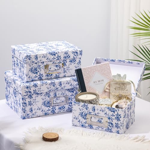 Briful Blue and white Porcelain Storage Boxes, Photos Storage Boxes with Lids 4 in 1 Set Water-proof Gift Boxes Sets Decor...