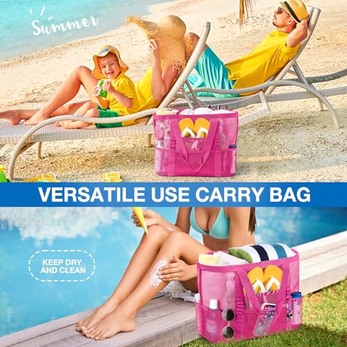 KPX Mesh Beach Bag, Large Beach Tote Bags for Women Foldable Mesh Swimming Pool Bag with Mini Pockets - Sandproof, Waterproof