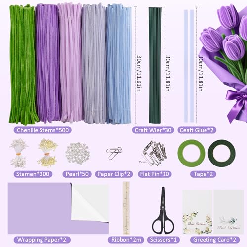 EARLY MINDS 500 Pcs Pipe Cleaners Craft Kit for Flower Making, Complete DIY Bouquet Set with Chenille Stems, Craft Wire, S...