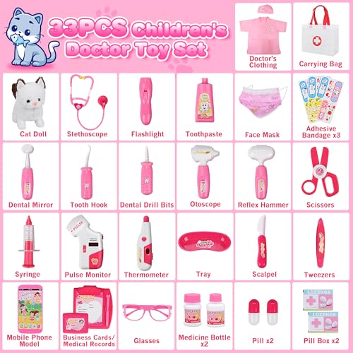 33Pcs Pet Doctor Kit for Toddlers - Dress Up Costume & Pretend Doctor Play Set with Cat Toy, Stethoscope, Portable Pet Vet...