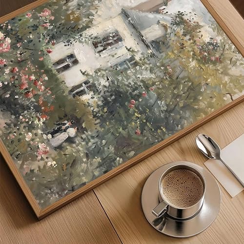 Floating Framed Canvas Vintage Wall Art, Neutral English Cottage Rose Garden Oil Paintings Print, Spring Pictures Wall Dec...