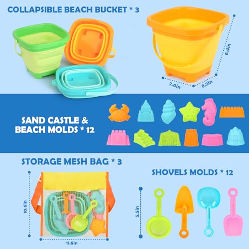 Dreamon Beach Toys for Kids 3-10, Collapsible Sand Toys Include 3 Pack Foldable Buckets with Mesh Bag, 24 PCS Beach Mold a...