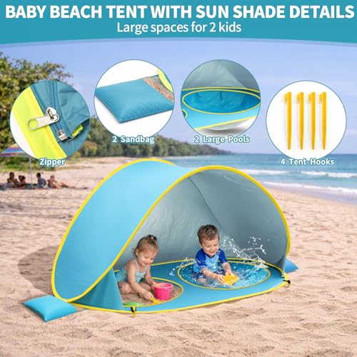 QTREE intelligence 2-IN-1 Baby Beach Tent with 2 Pool for 2 kids,74.8*41.7*35.4 inch UV Protection Sun Shelter Pop Up Play...