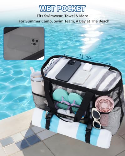 WANDF Mesh Beach Bag for Women, Large Beach Tote Bags with 40oz Tumbler Side Pockets, Family Pool Bag for Swim Toys Towels...