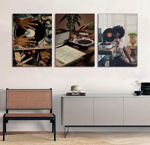 YFvrPt Black Girl Wall Art Decor Modern Black Woman Painting Prints, Set of 3 African American Music Record Player Poster ...