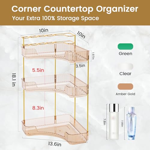 NATURE'S SOURCE Makeup Organizer for Vanity, 3-Tier Corner Bathroom Organizer Countertop with Makeup Brush Holder, Corner ...