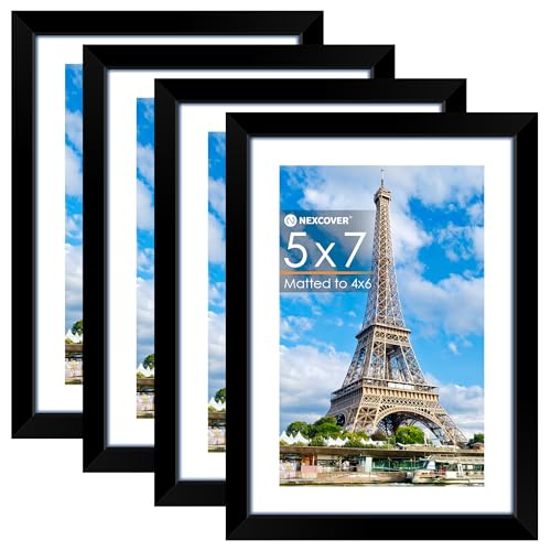 NEXCOVER 5x7 Picture Frames 4PK, Black 5 x 7 Photo Frame with Shatterproof HD Plexiglass, Picture Frames for Photos 4x6 wi...