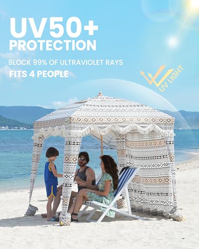 OutdoorMaster Beach Cabana with Fringes, Portable 6' x 6' Beach Canopy for Sand, Easy Set Up Beach Shelter, Included Side ...