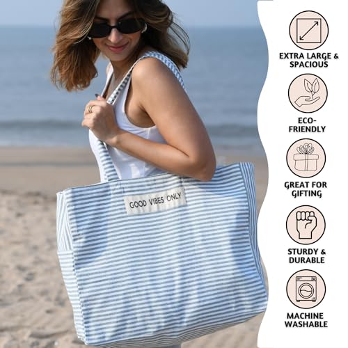 Folkulture Beach Bag For Women | 17 x 14 Inch - 100% Cotton Beach Tote Bag With Zipper Pocket Inside, Large Woven Pool Bag