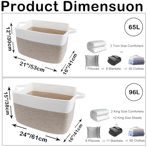 HZFTJOY Large Blanket Basket,Woven Rope Basket Storage Bin with Handles,65L Rectangle Laundry Basket for Magazines,Toys,Cl...