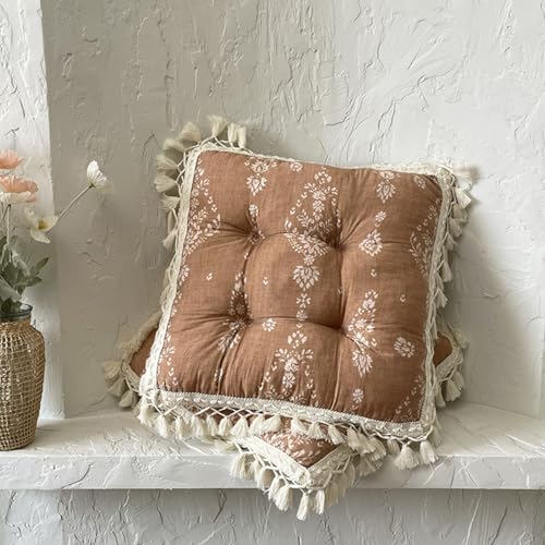 Huierxun Set of 2 Floral Printed Chair Pads with Tassels Cotton Linen Square Chair Cushions 17x17x3 Inch Seat Cushion for ...