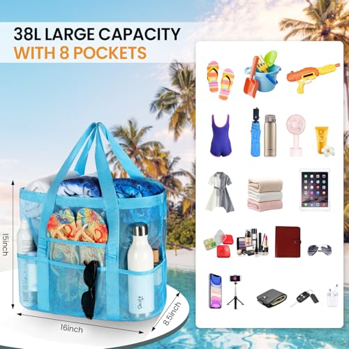 Tavaleu Mesh Beach Bag - Large Beach Tote with Multi Functional Pockets for Family Travel/Vacation