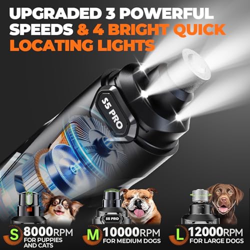 Whisper Quiet Dog Nail Grinder with 4 LED Lights, Safe & Stress-Free for Sensitive Dogs Cats of All Breeds & Sizes, 3 Grin...