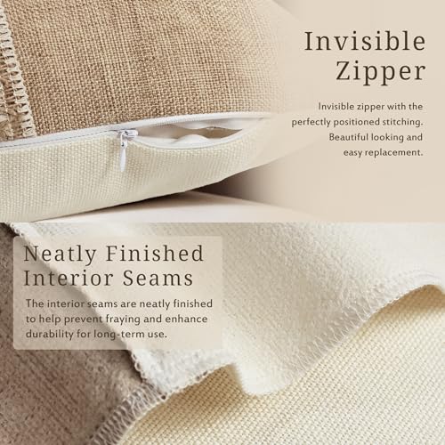 QoBexim Boho Patchwork Linen Throw Pillow Covers 18x18 Set of 2 with Fringe Trim, Khaki and Beige Farmhouse Textured Burla...