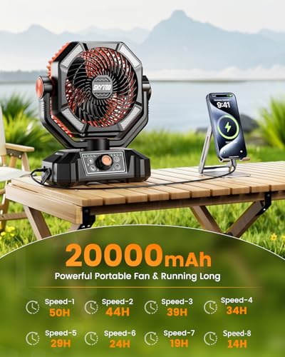 Skytoo Camping Fan, 20000mAh Battery Powered Fan with LED Lantern, Rechargeable Battery Operated Oscillating with Remote H...