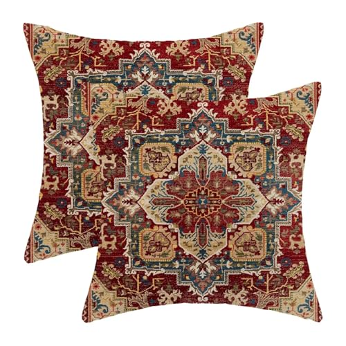 BETGINY Boho Pillow Covers 20 x 20 Inch Pack of 2, Burgundy Red Bohemian Rug Carpet Pattern Decorative Throw Pillow Cases ...