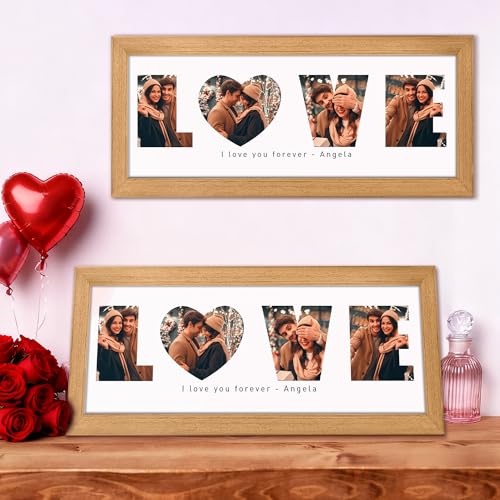 CUSTOM STEWARD Personalized Photo Frame, LOVE Design, Natural Wood with Acrylic Panel, Wall Mount or Tabletop Display, Gif...