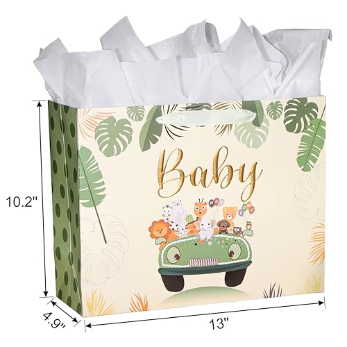 Bobobag 13" Sage green Gift Bag for Baby shower,Newborn gift bag with Tissue Paper and Greeting Card.