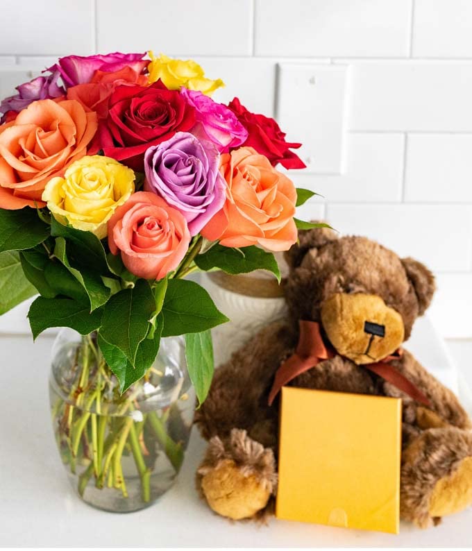From You Flowers - One Dozen Rainbow Roses with Chocolates & Bear with Glass Vase | Fresh Flower Bouquets for Birthday, An...
