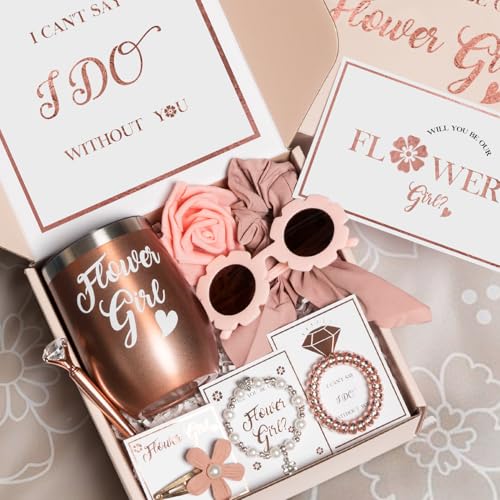 BESZONE Flower Girl Proposal Box 9 Pcs Gift Set Basket, Will You Be My Flower Girl Gift from Bride, Cup Sunglasses Bracele...