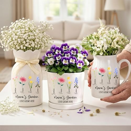 NAZENTI Personalized Birth Month Flower Vase - Grandma's Garden Decor, Mom Grandma Mother's Day Floral Vases with Kids Nam...