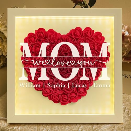CUSTNEY Mom Flower Shadow Box with LED Light Personalized Light Up Flower Shadow Box Frame with Kid's Name for MOM Grandma...