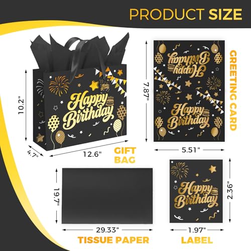 13” Black Birthday Gift Bag with Tissue Paper and Greeting Card, Happy Birthday Gift Bags for Party, Hot Foil Stamping Des...